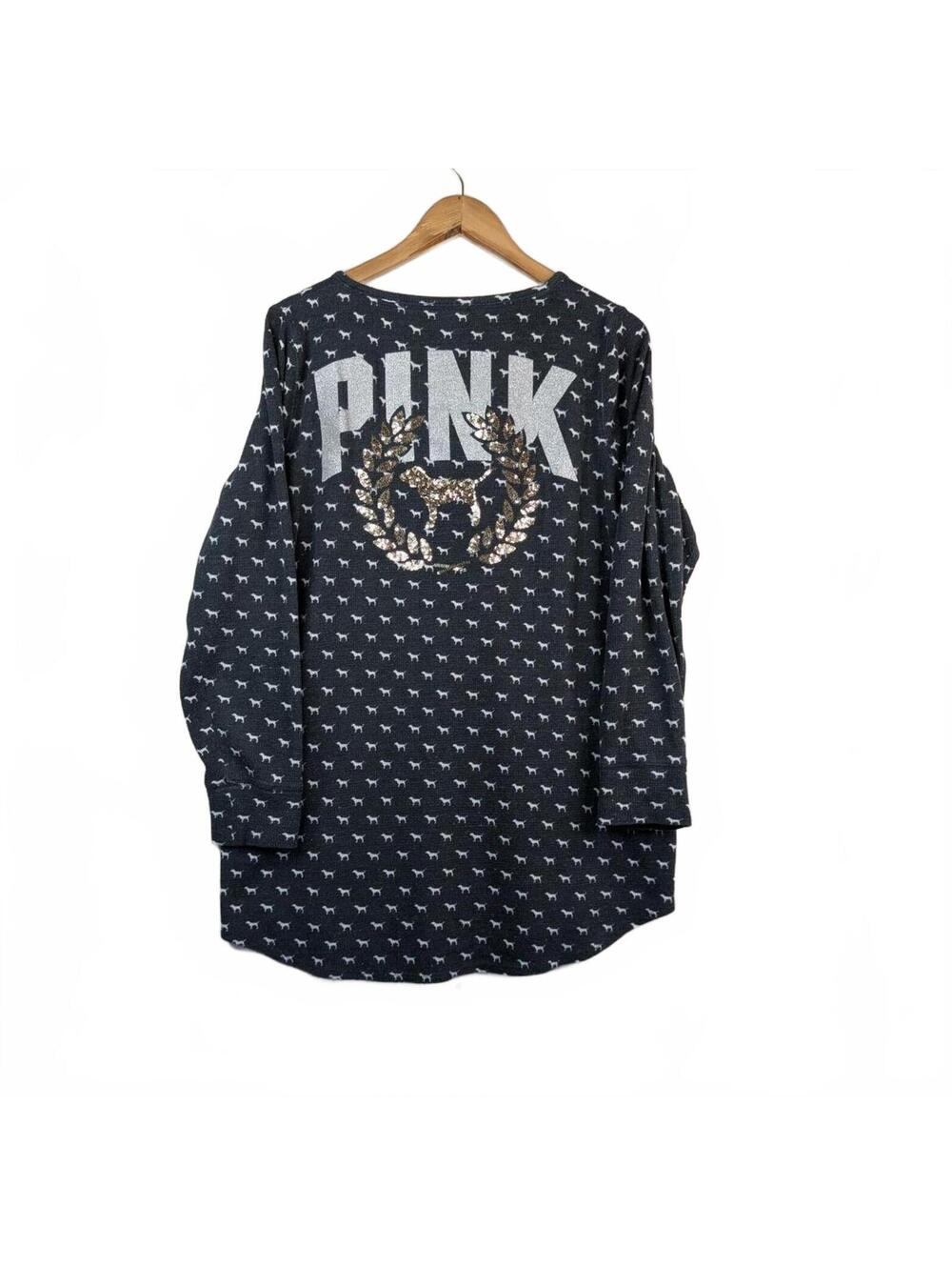 Victoria's Secret PINK Cozy Sleep Dress in Dark Gray Dog Print w/Sequin Bling L